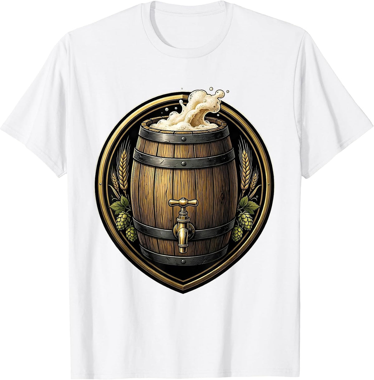 Men's Rustic Beer Barrel with Tap and Foam Graphic T-Shirt - White