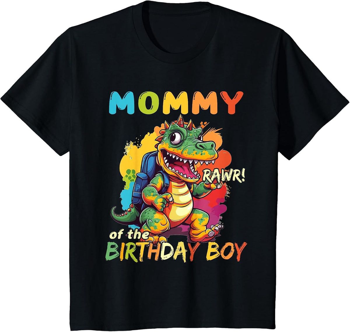 Mommy of the Birthday Boy Dinosaur Celebration Graphic T-Shirt - Black