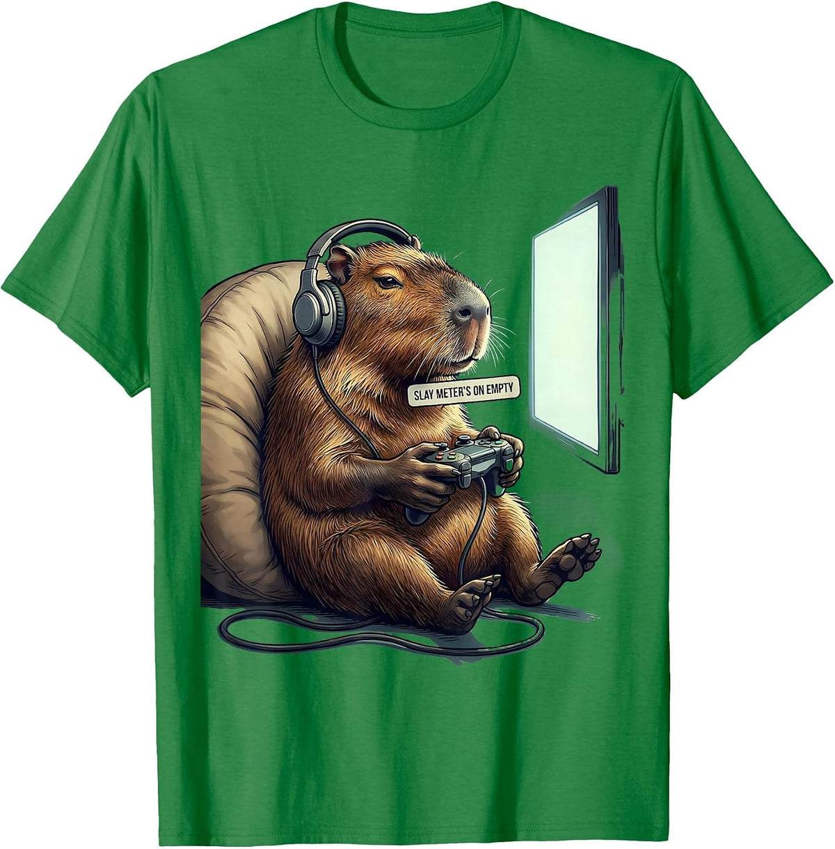 Men's Slay Meter's On Empty Funny Capybara Gamer Meme Humor T-Shirt - Kelly Green