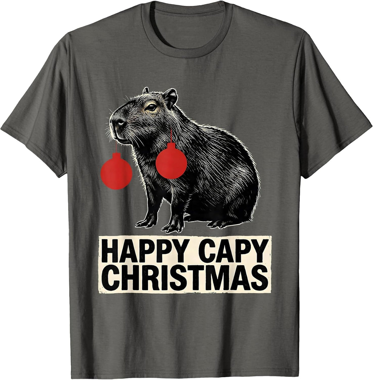 Happy Capy Christmas Linocut Funny Capybara Animal Lover T-Shirt - Asphalt Grey