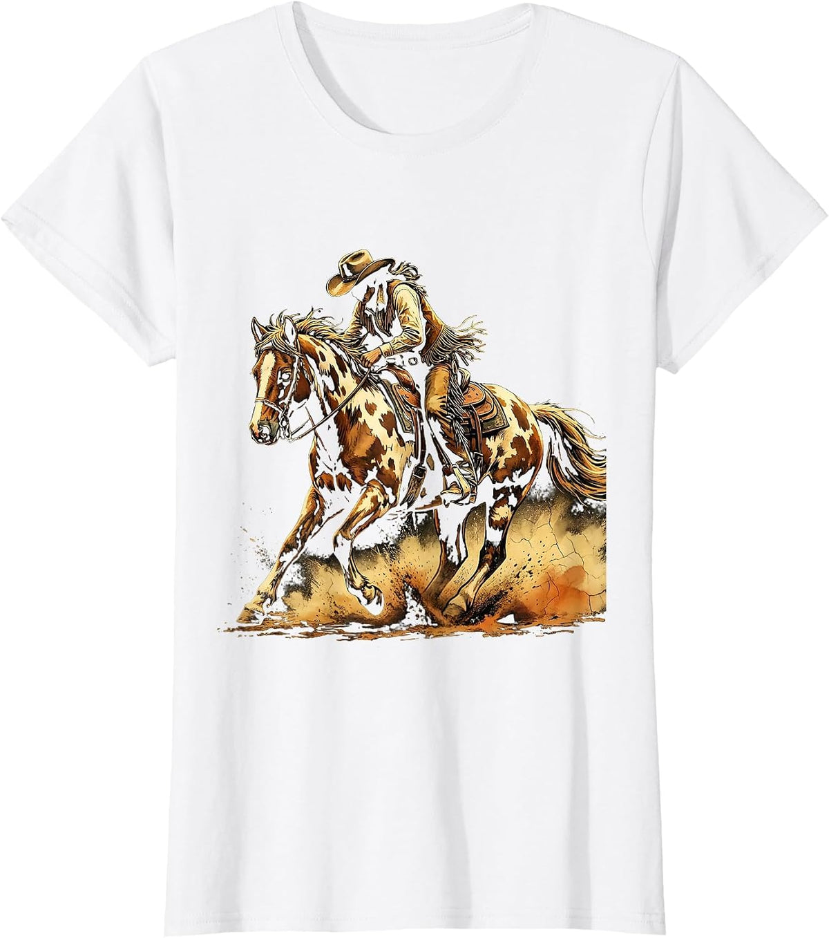 Women's Cowgirl Barrel Racing Painted Horse Illustration T-Shirt - White