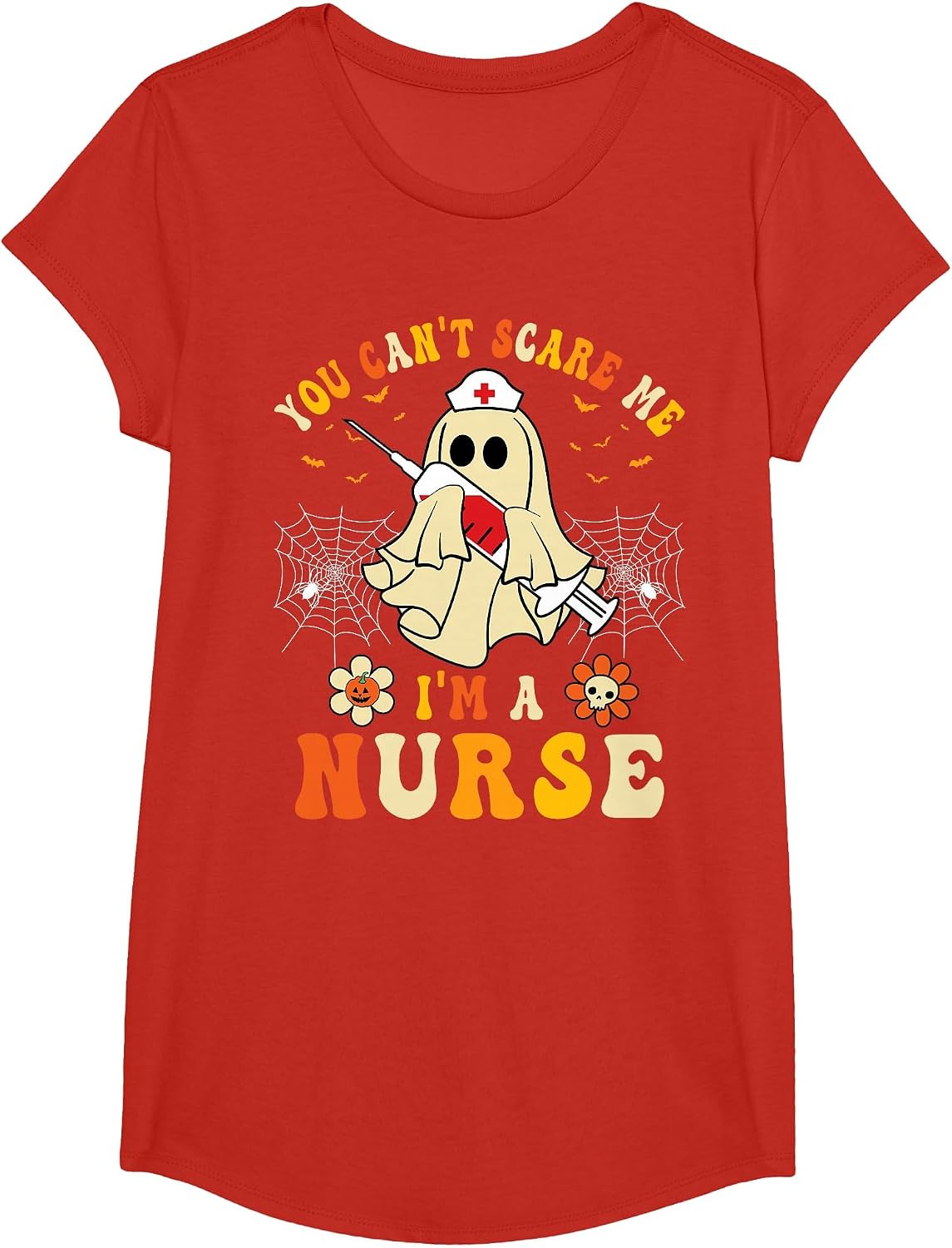 You Can't Scare Me I'm A Nurse Funny Halloween Ghost Nursing T-Shirt - Girls Red