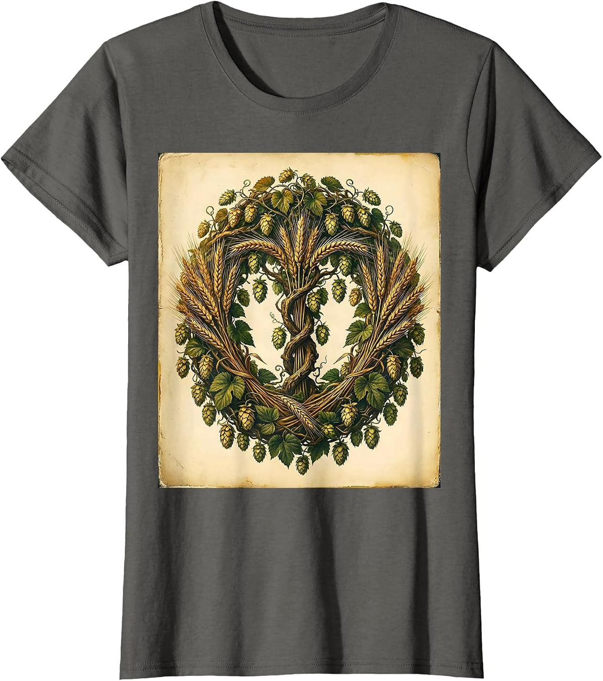Women's Hop Vines and Wheat Stalks Beer Lover Graphic T-Shirt - Asphalt Grey
