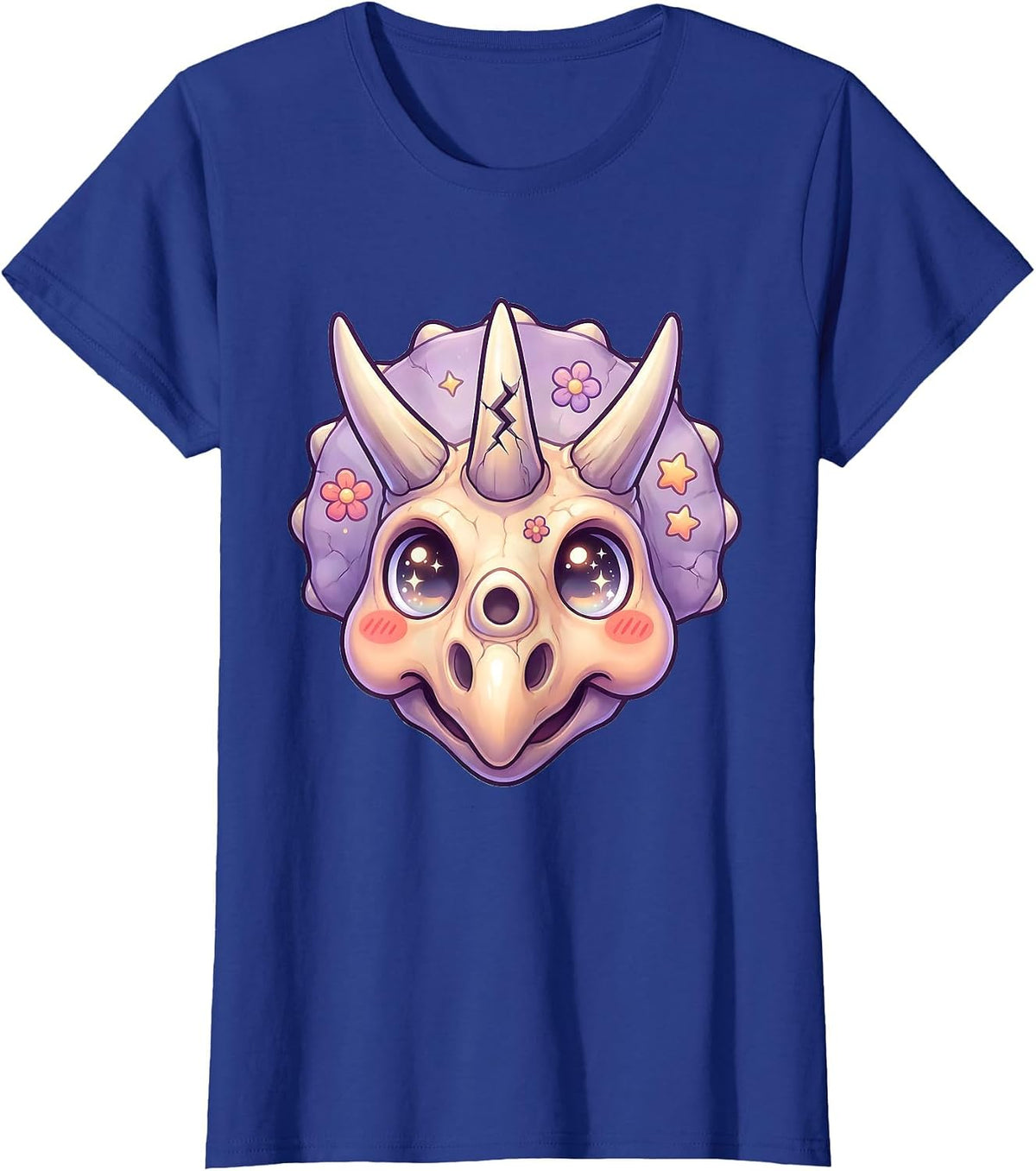 Women's Triceratops Skull Cracked Horn Dinosaur Illustration T-Shirt - Royal Blue