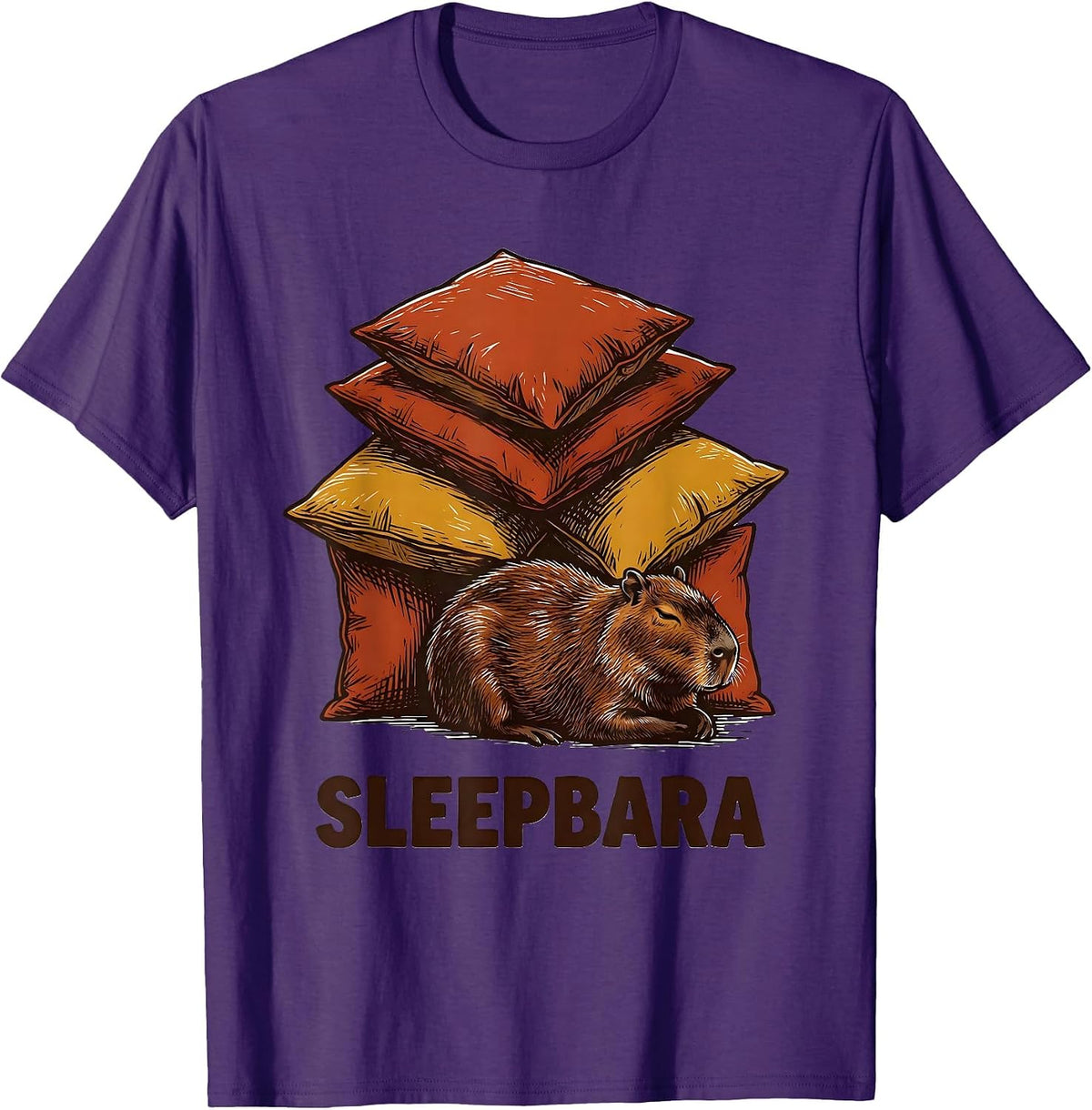 Men's Sleepbara Cute Capybara Sleep Lover Linocut Novelty T-Shirt - Purple