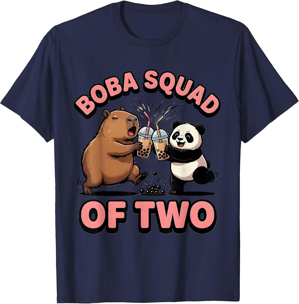 Boba Squad Of Two Cute Kawaii Capybara Panda Boba Tea Anime T-Shirt - Navy Blue