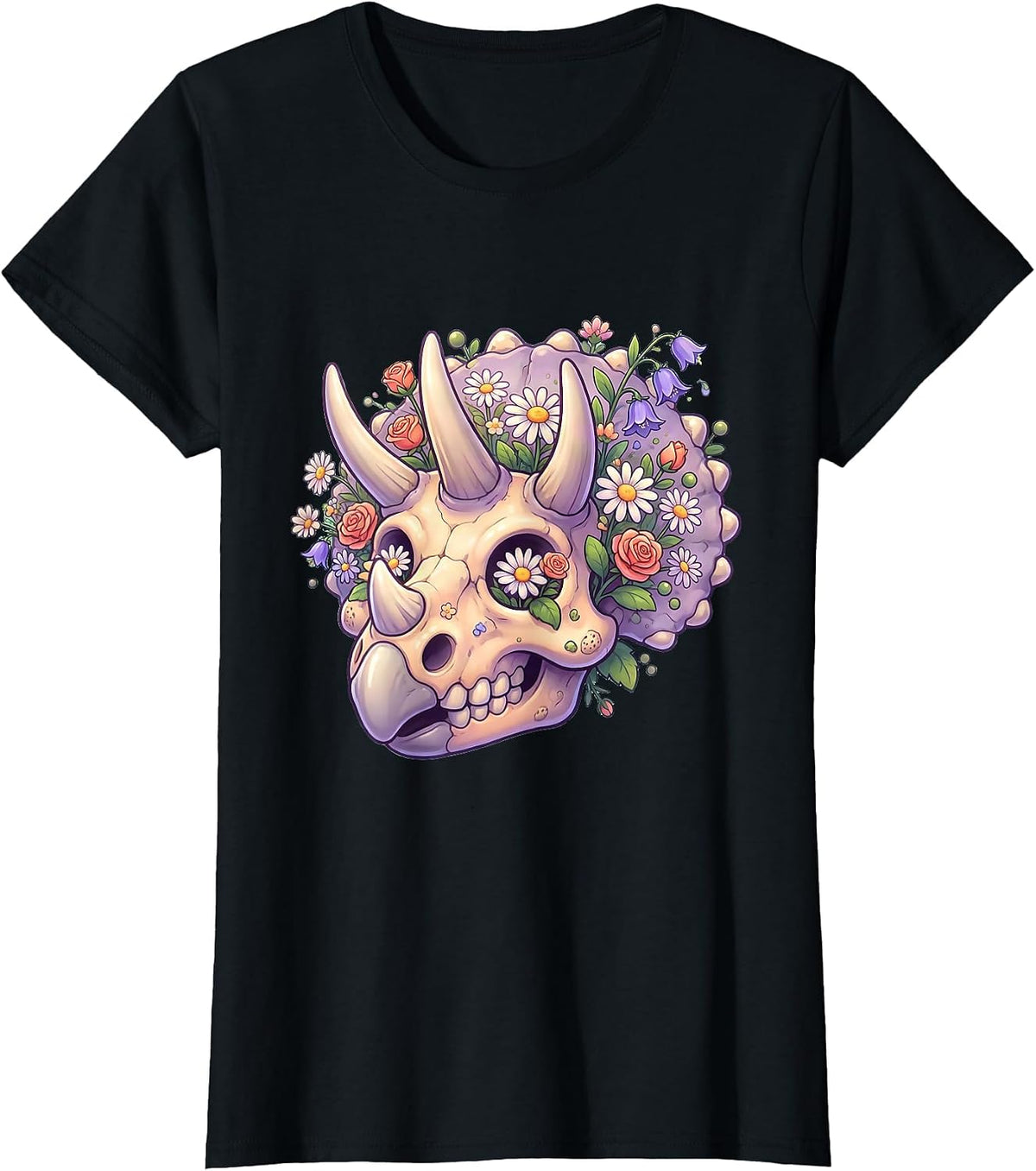 Triceratops Skull Wildflower Botanical Dinosaur T-Shirt - Black