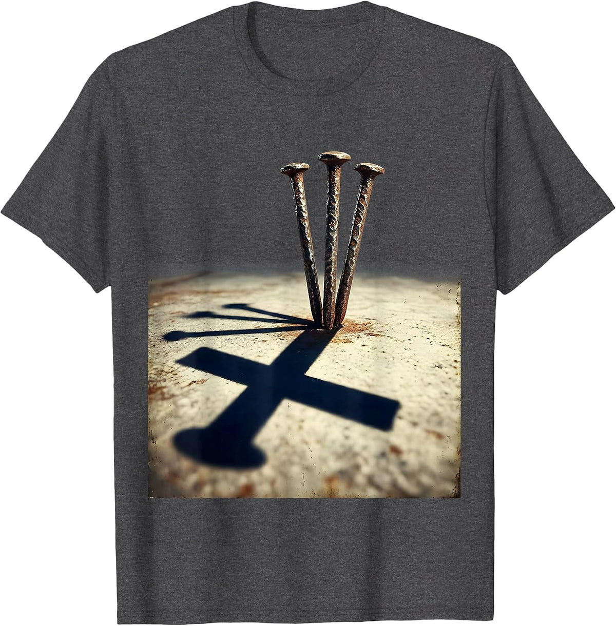 Three Nails Cross Shadow Faith Graphic Design T-Shirt - Dark Heather Grey