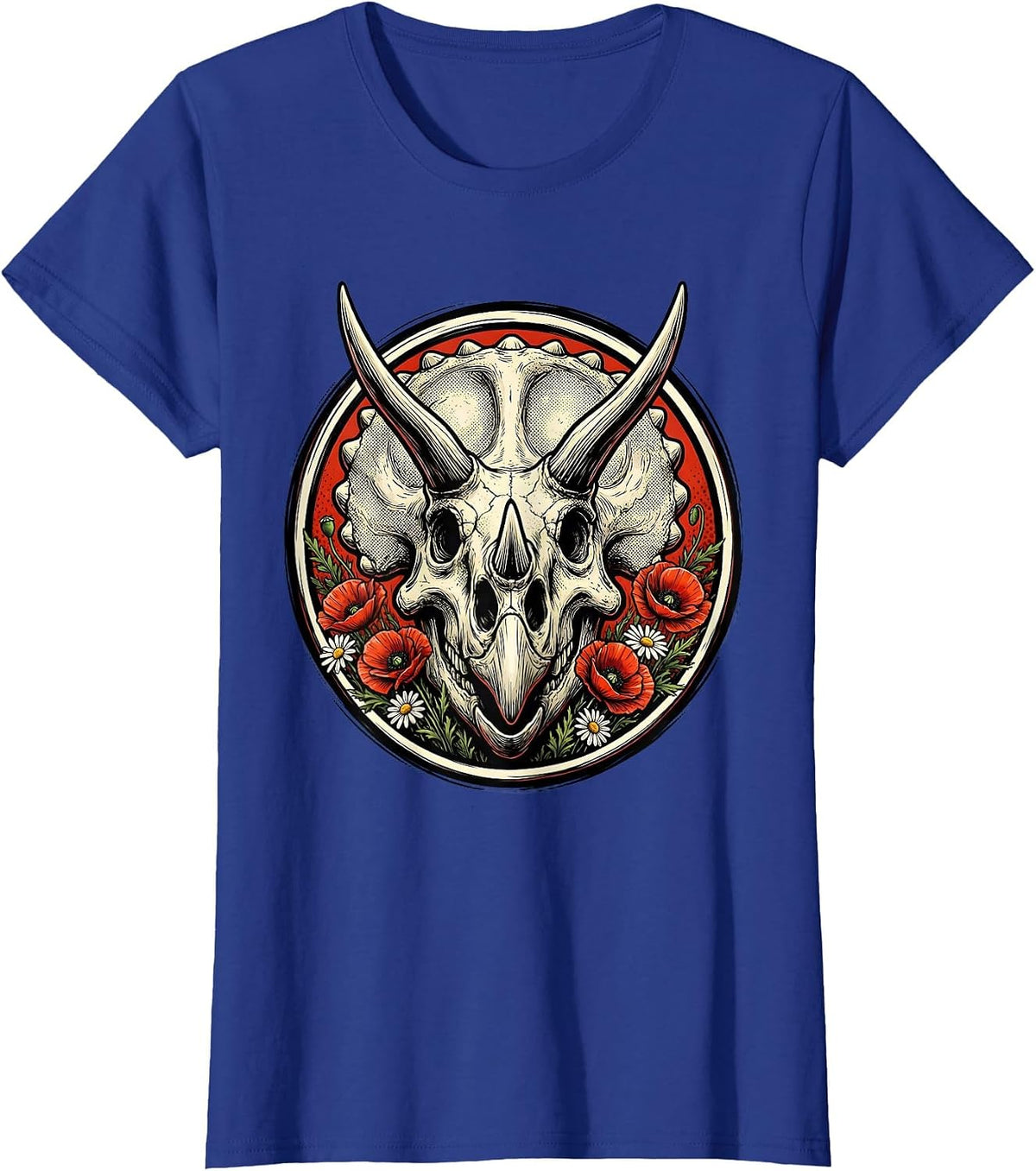 Women's Triceratops Skull Wildflowers Dinosaur Illustration T-Shirt - Royal Blue