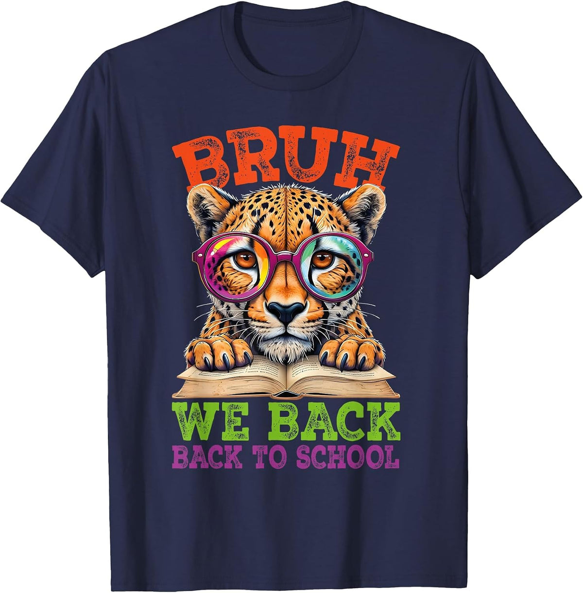 Bruh We Back Cheetah Back to School Teacher Boys Girls Kids T-Shirt - Navy Blue