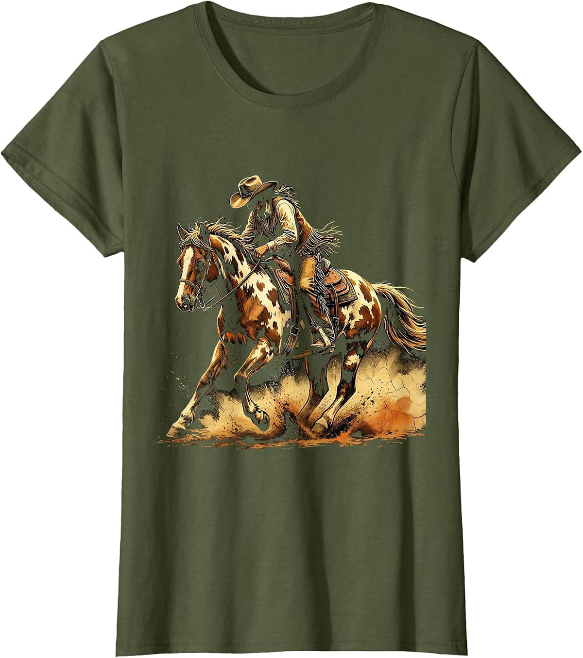 Women's Cowgirl Barrel Racing Painted Horse Illustration T-Shirt - Olive Green