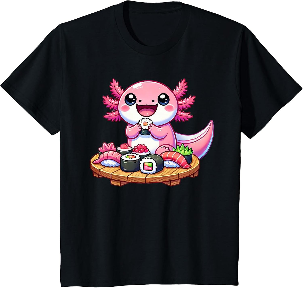Kawaii Axolotl Eating Sushi T-Shirt - Black
