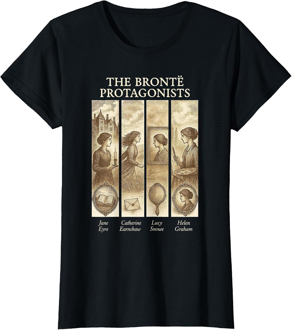 Jane Eyre, Wuthering Heights, Bronte Sisters, Heathcliff T-Shirt - Black