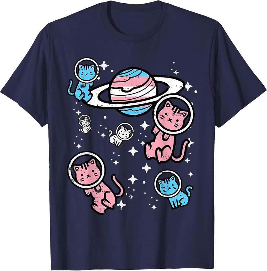 Trans Cats in Space Transgender Transsexual Pride Month LGBT T-Shirt - Navy Blue