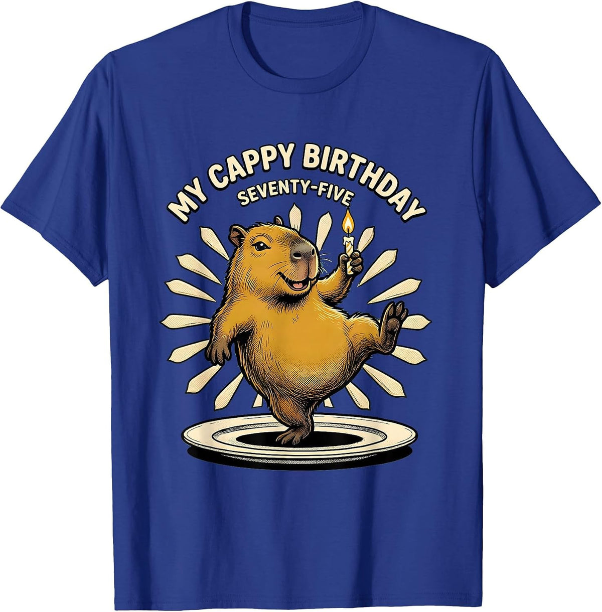 My Cappy Birthday Seventy-Five Retro Cartoon Capybara T-Shirt - Royal Blue