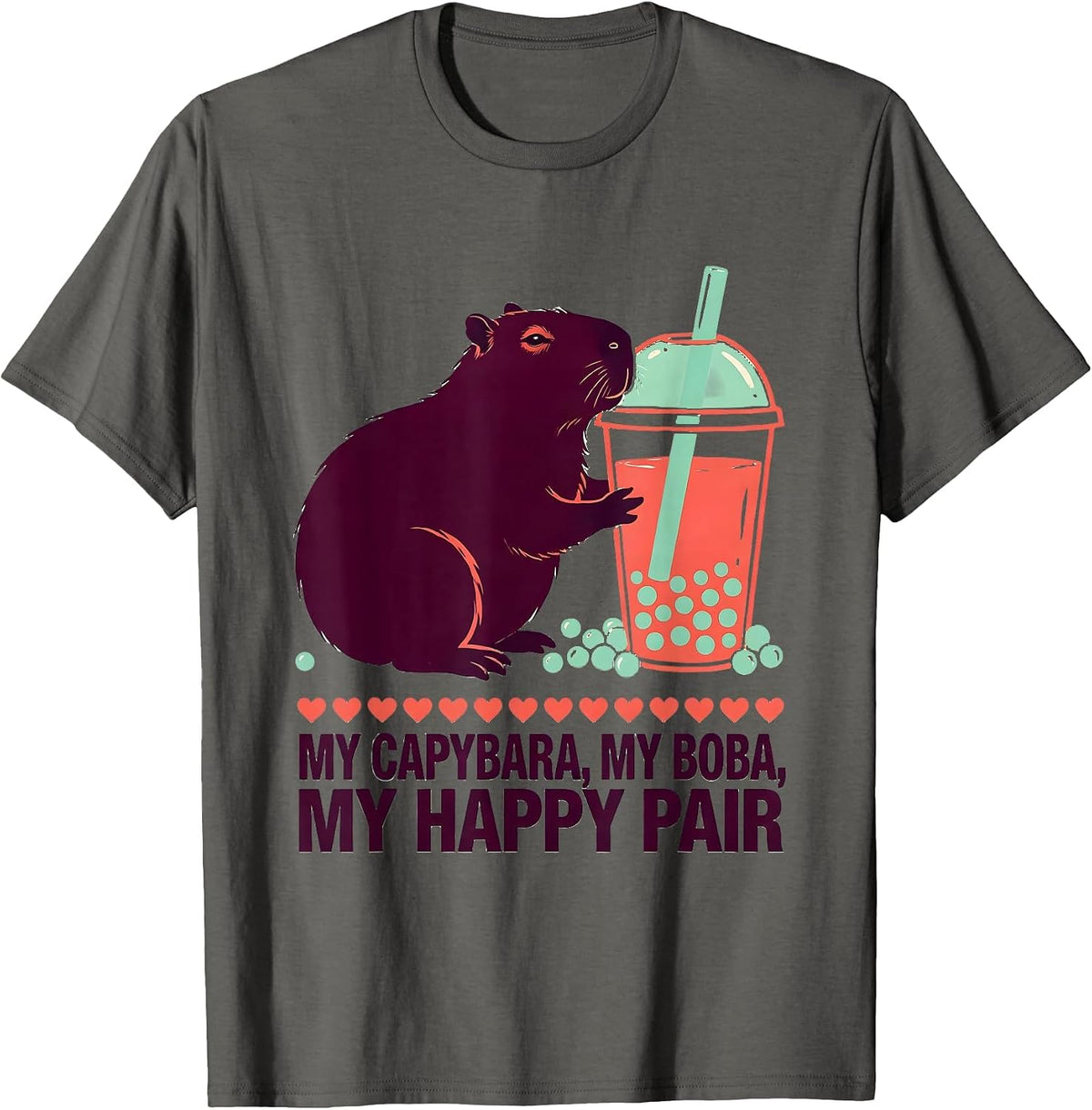 Men's My Capybara My Boba My Happy Pair Cute Kawaii Anime Animal T-Shirt - Asphalt Grey