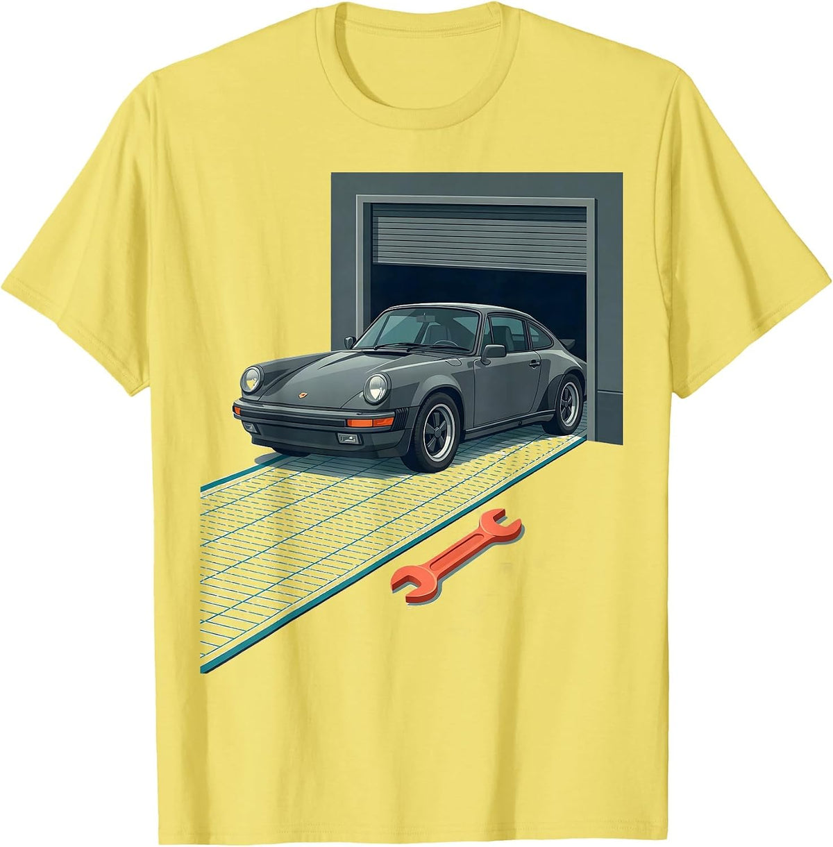 Men's Classic Coupe Mechanic Humor Flat Vector Car Guy T-Shirt - Lemon Yellow