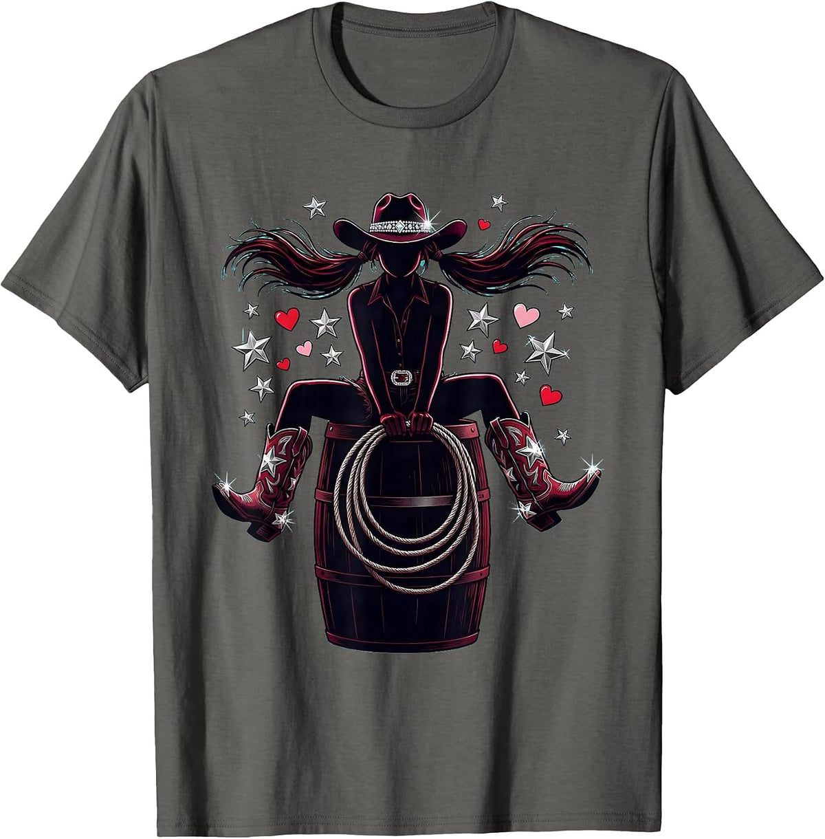 Young Cowgirl Barrel Racing Illustration T-Shirt - Asphalt Grey