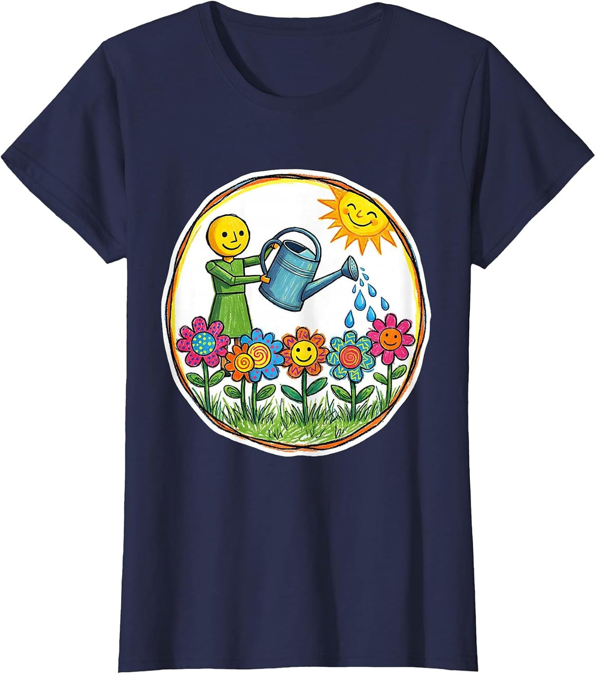 Women's Preschool Teacher Watering Children Flowers Art T-Shirt - Navy Blue