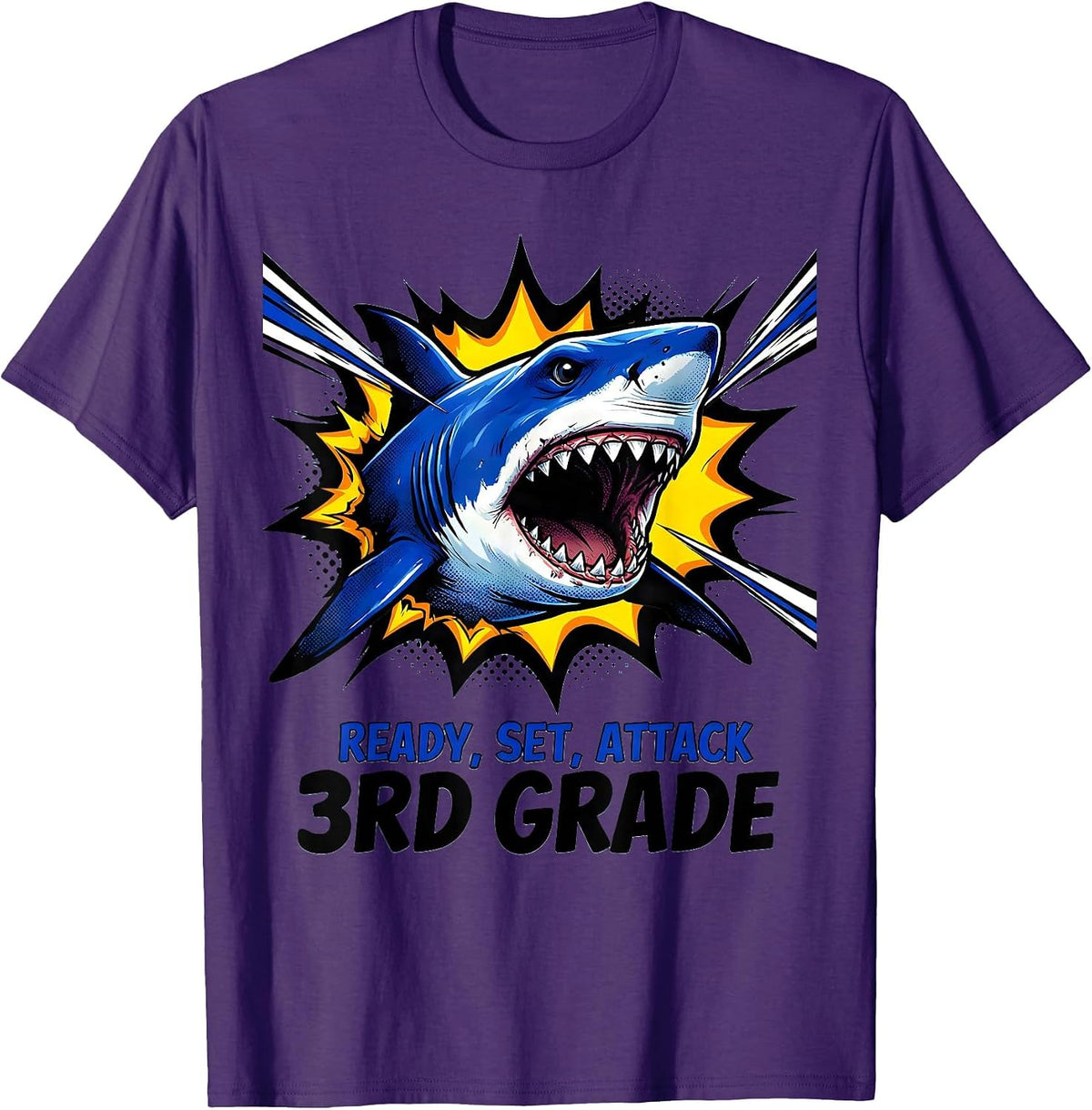 Ready, Set, Attack 3rd Grade Comic Book Shark First Day T-Shirt - Purple