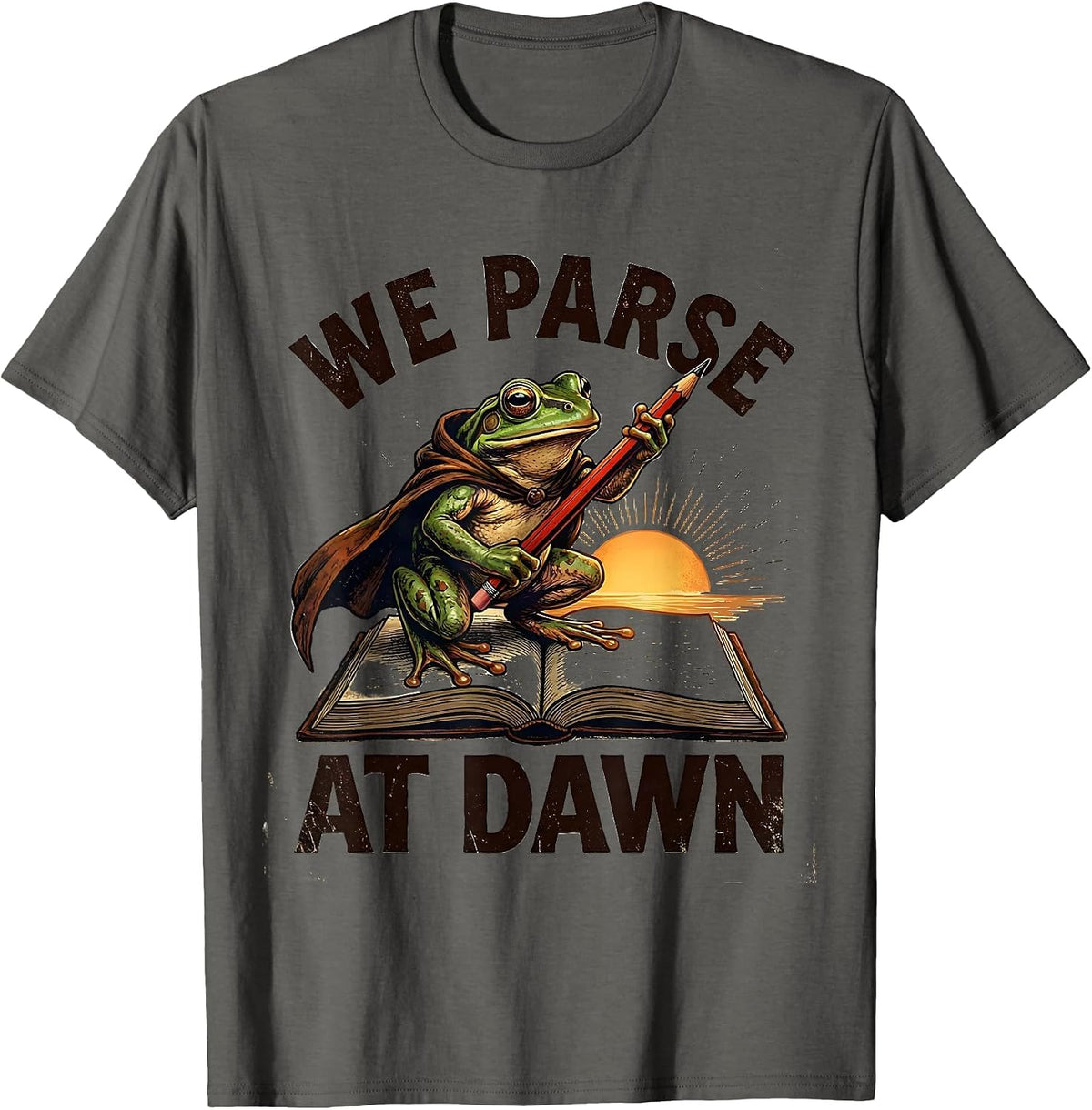Men's We Parse At Dawn Vintage Frog Teacher English Reader Humor T-Shirt - Asphalt Grey