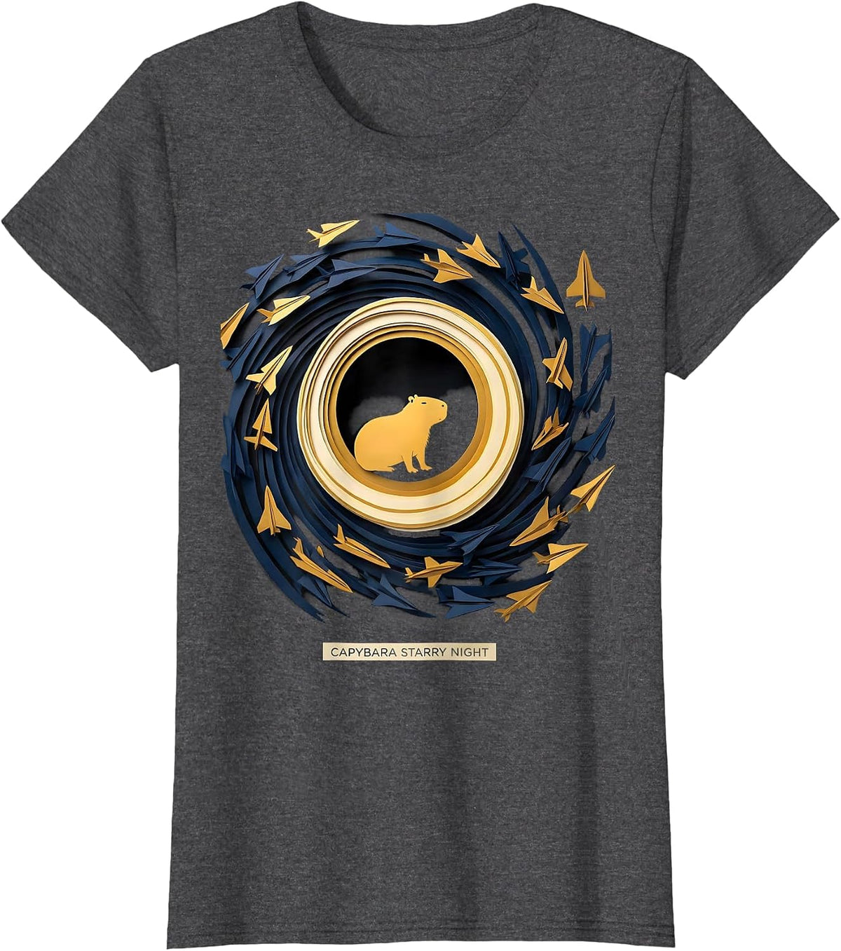 Women's Capybara Starry Night Paper Cutout Van Gogh Parody Animal T-Shirt - Dark Heather Grey
