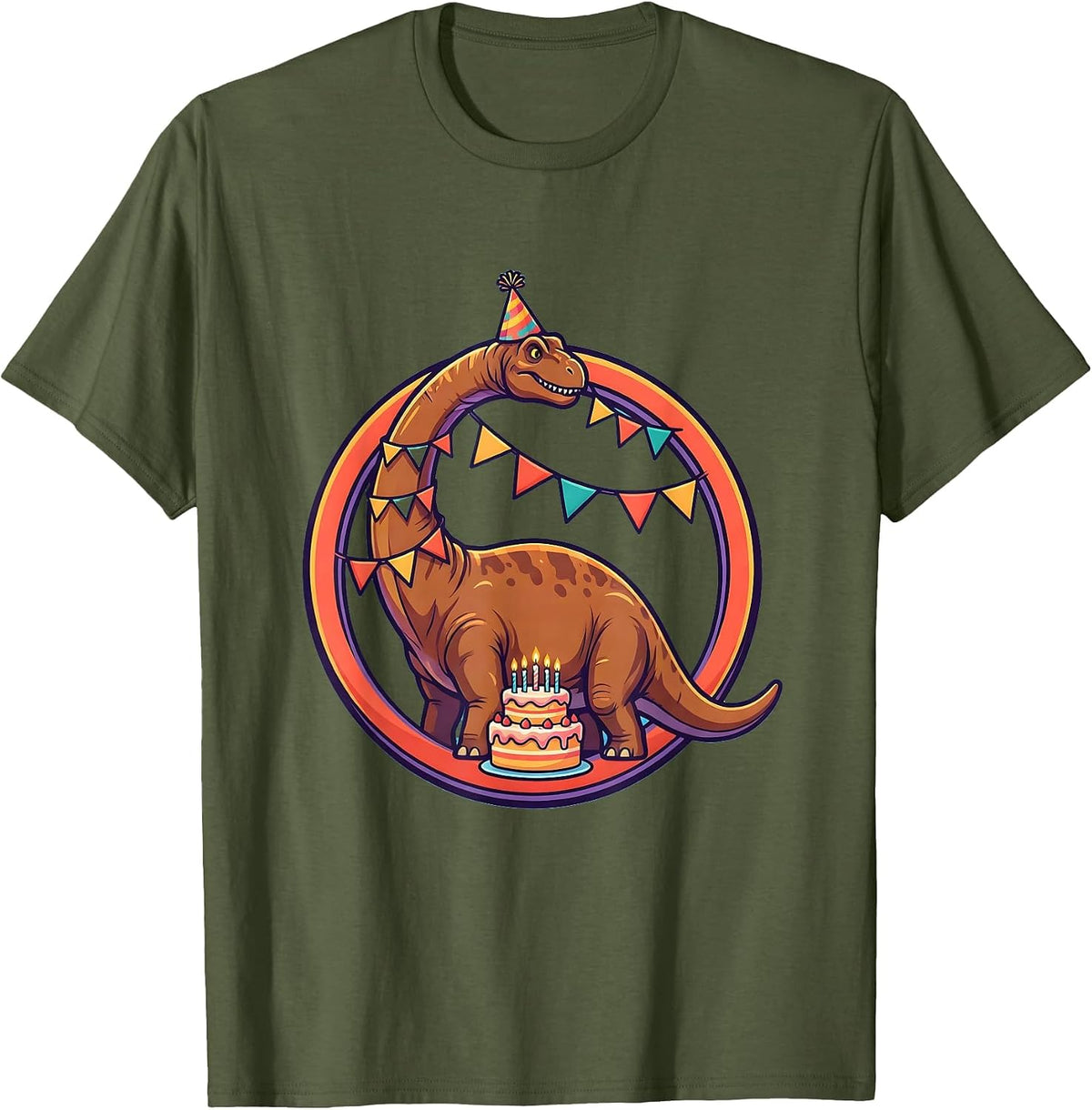 Brachiosaurus Birthday Banner Dinosaur Graphic T-Shirt - Olive Green