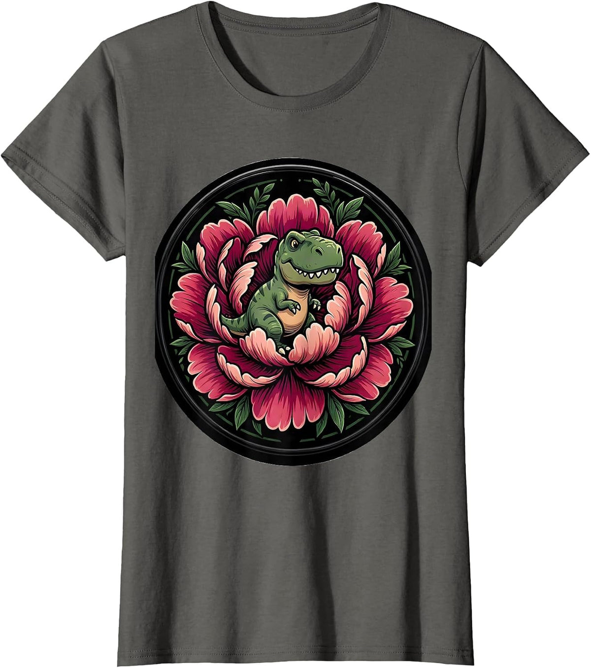 Women's Dinosaur Silhouette Blooming Peony Floral Design T-Shirt - Asphalt Grey