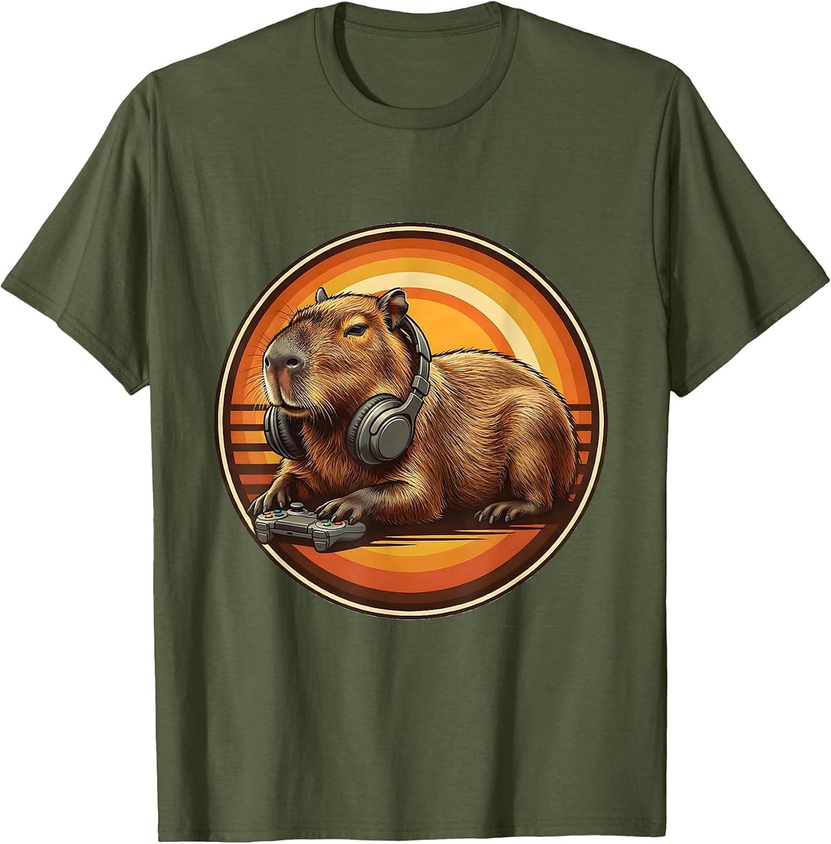 Capybara Gamer Retro 70s Meme Humor T-Shirt - Olive Green