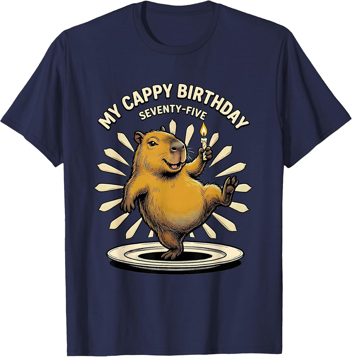My Cappy Birthday Seventy-Five Retro Cartoon Capybara T-Shirt - Navy Blue