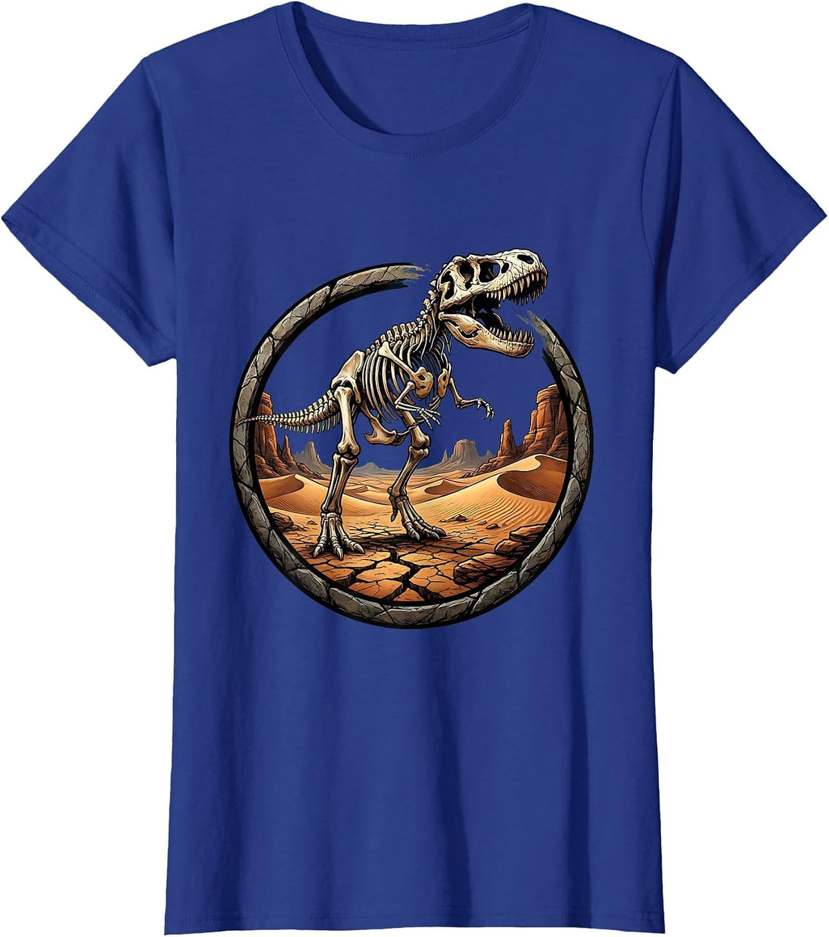 Women's Dinosaur Skeleton Emerging From Desert Ground T-Shirt - Royal Blue