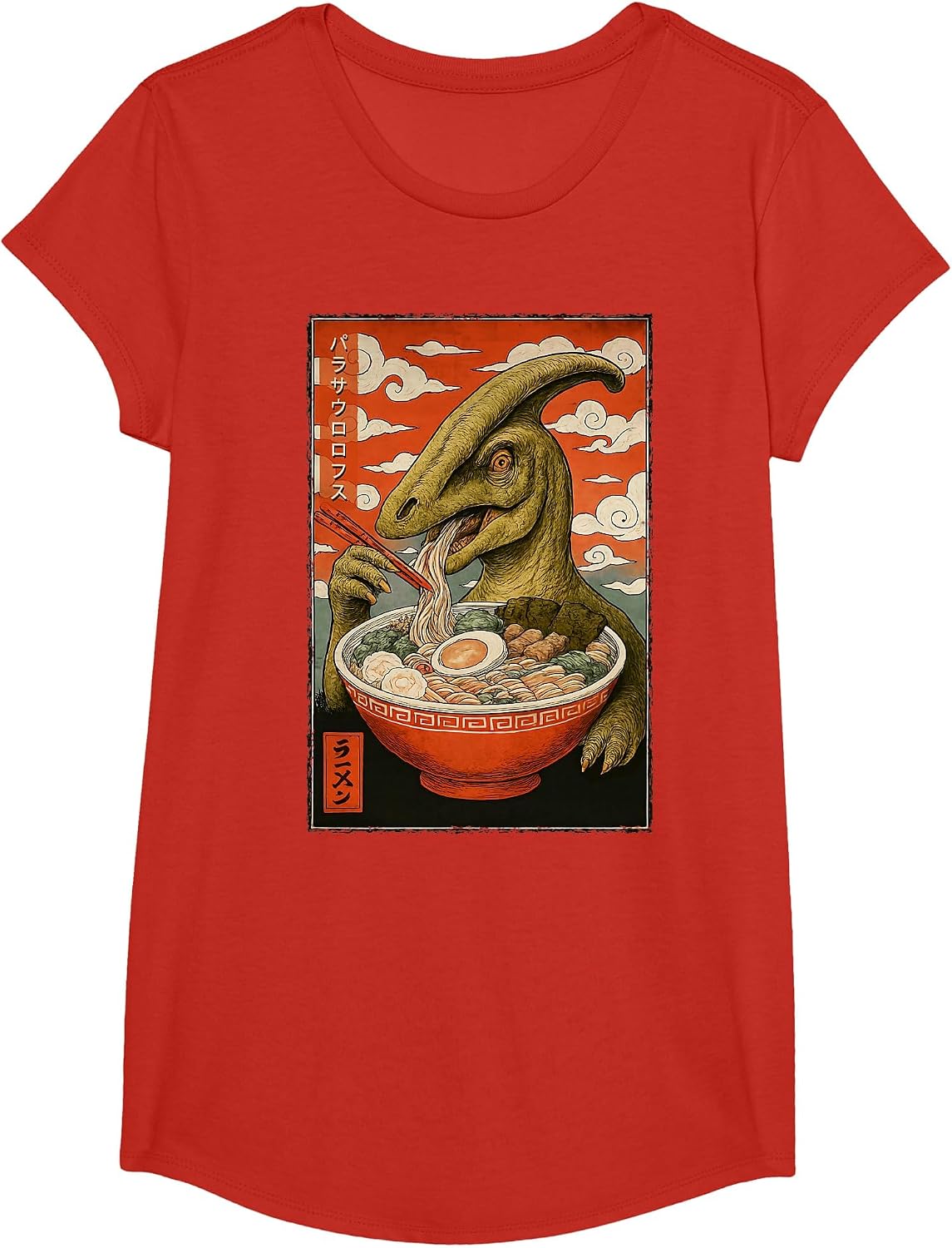 パラサウロロフス Parasaurolophus Dinosaur Ramen Japanese Noodles T-Shirt - Girls Red