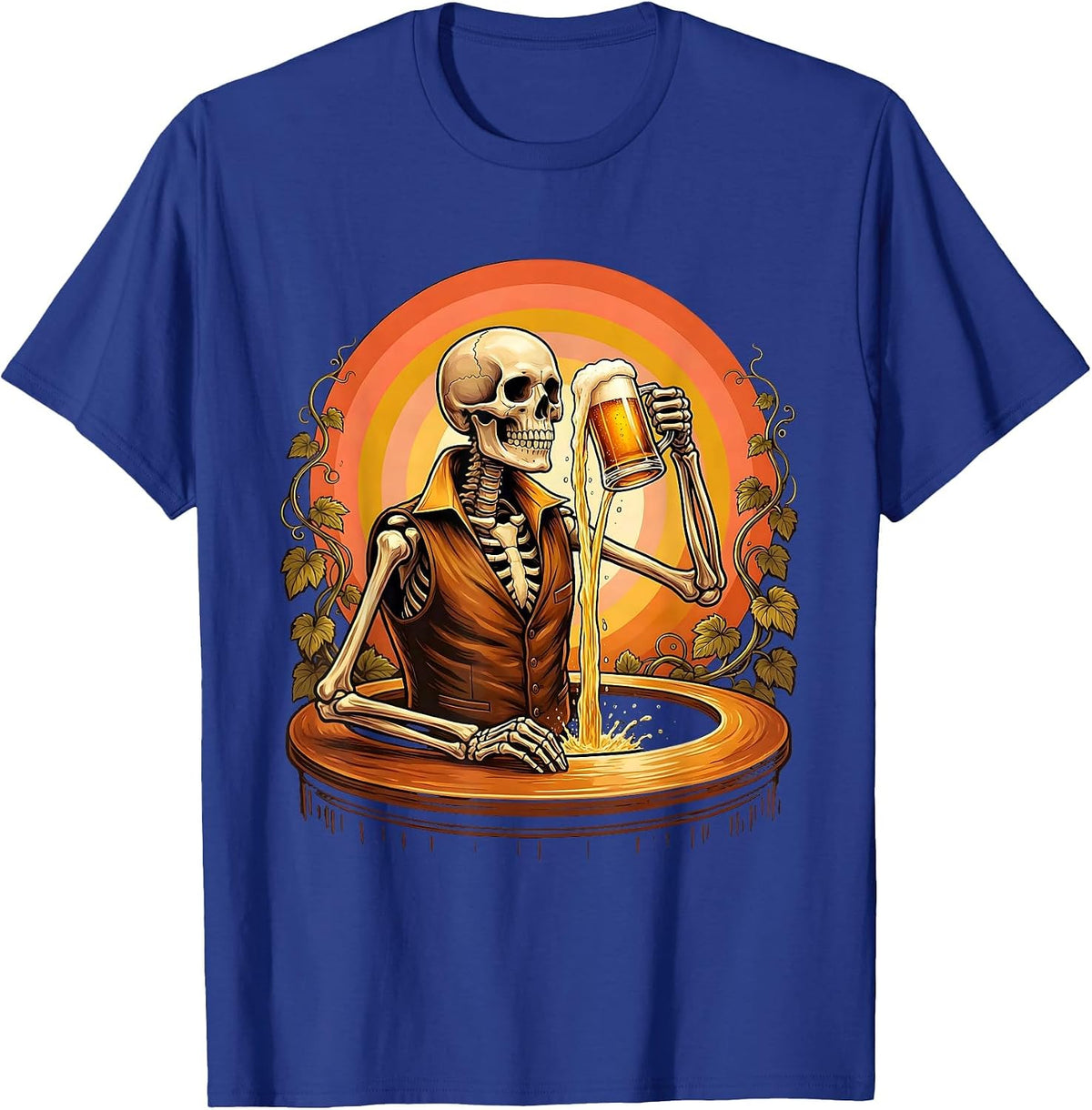 Skeleton Bartender Pouring Golden Draft Beer T-Shirt - Royal Blue