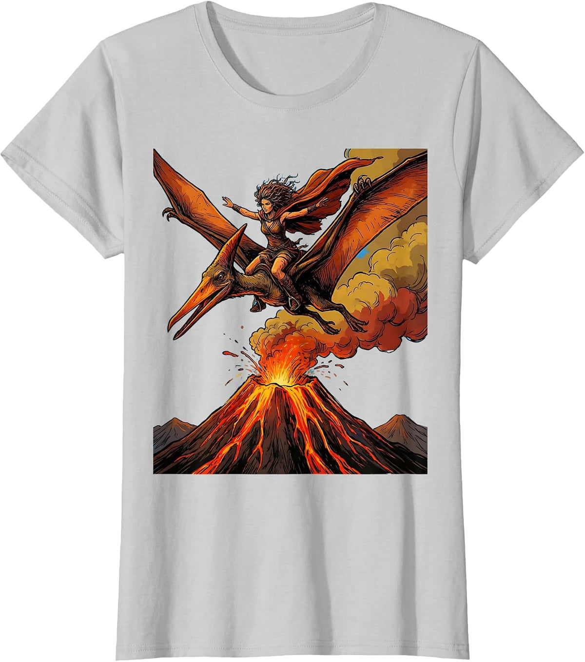 Women's Pterodactyl Soaring Above Volcano Dinosaur Tee T-Shirt - Silver Grey