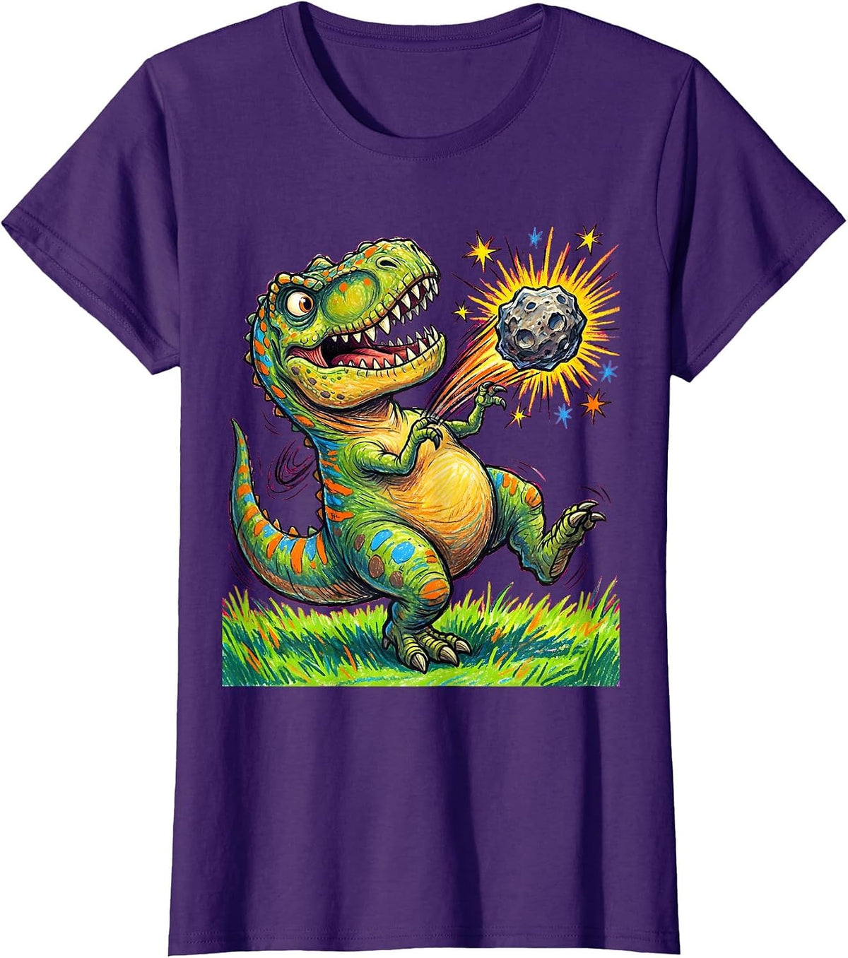 Women's T-Rex Throwing Meteor Funny Dinosaur Yeet T-Shirt - Purple