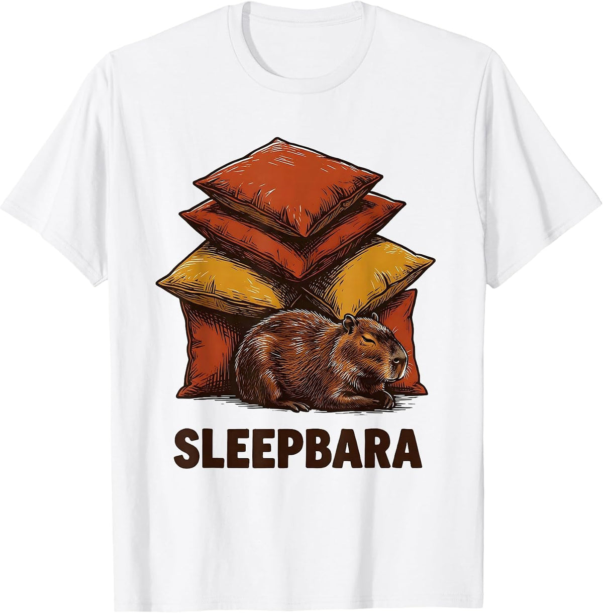 Men's Sleepbara Cute Capybara Sleep Lover Linocut Novelty T-Shirt - White
