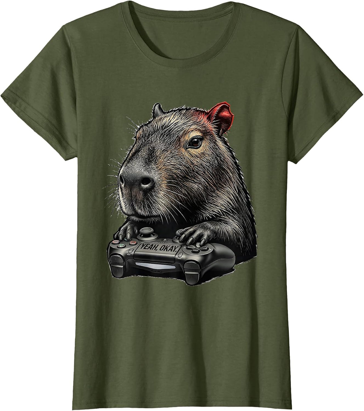 Women's Yeah, Okay Funny Capybara Gamer Meme Humor T-Shirt - Olive Green