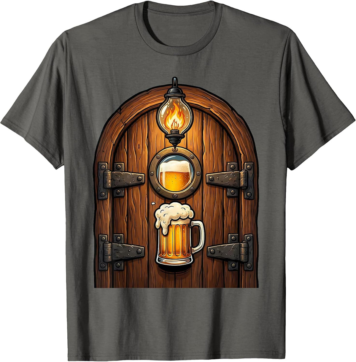 Old Pub Door Lantern Glow Beer Illustration T-Shirt - Asphalt Grey