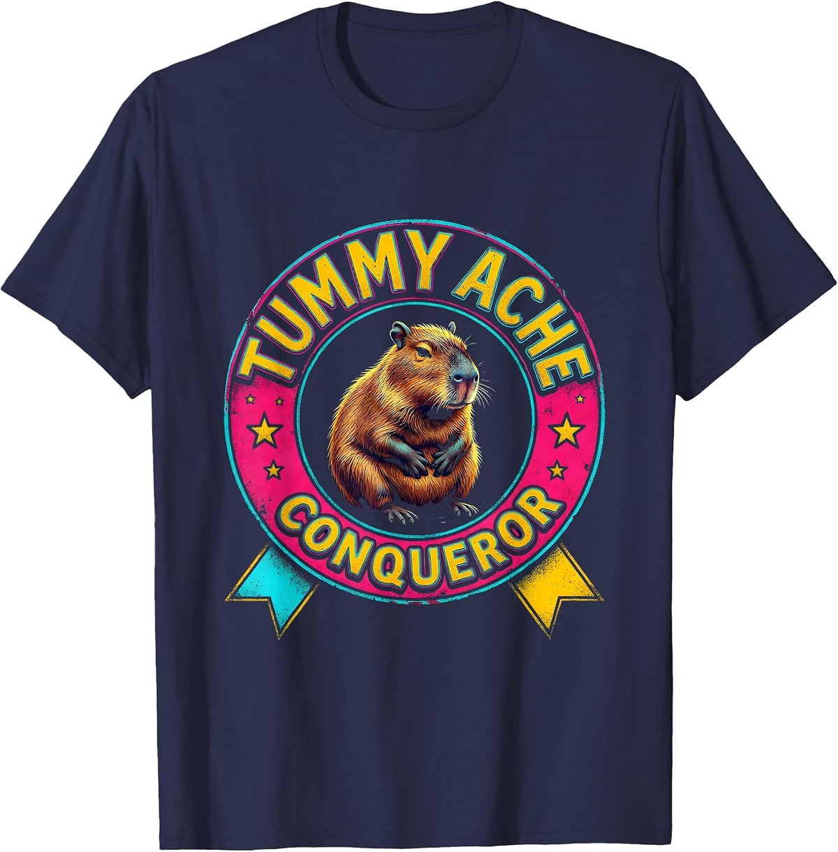 Men's Tummy Ache Conqueror Colorful Capybara Meme Humor T-Shirt - Navy Blue