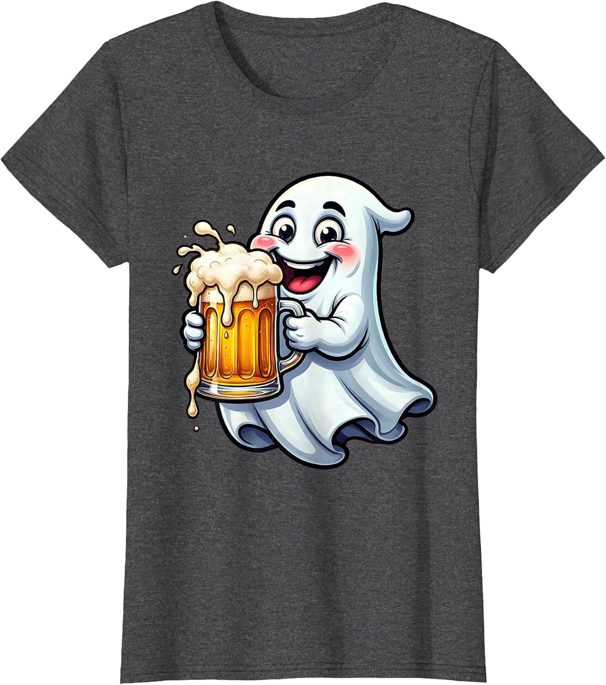Women's Friendly Ghost Overflowing Beer Mug Illustration T-Shirt - Dark Heather Grey