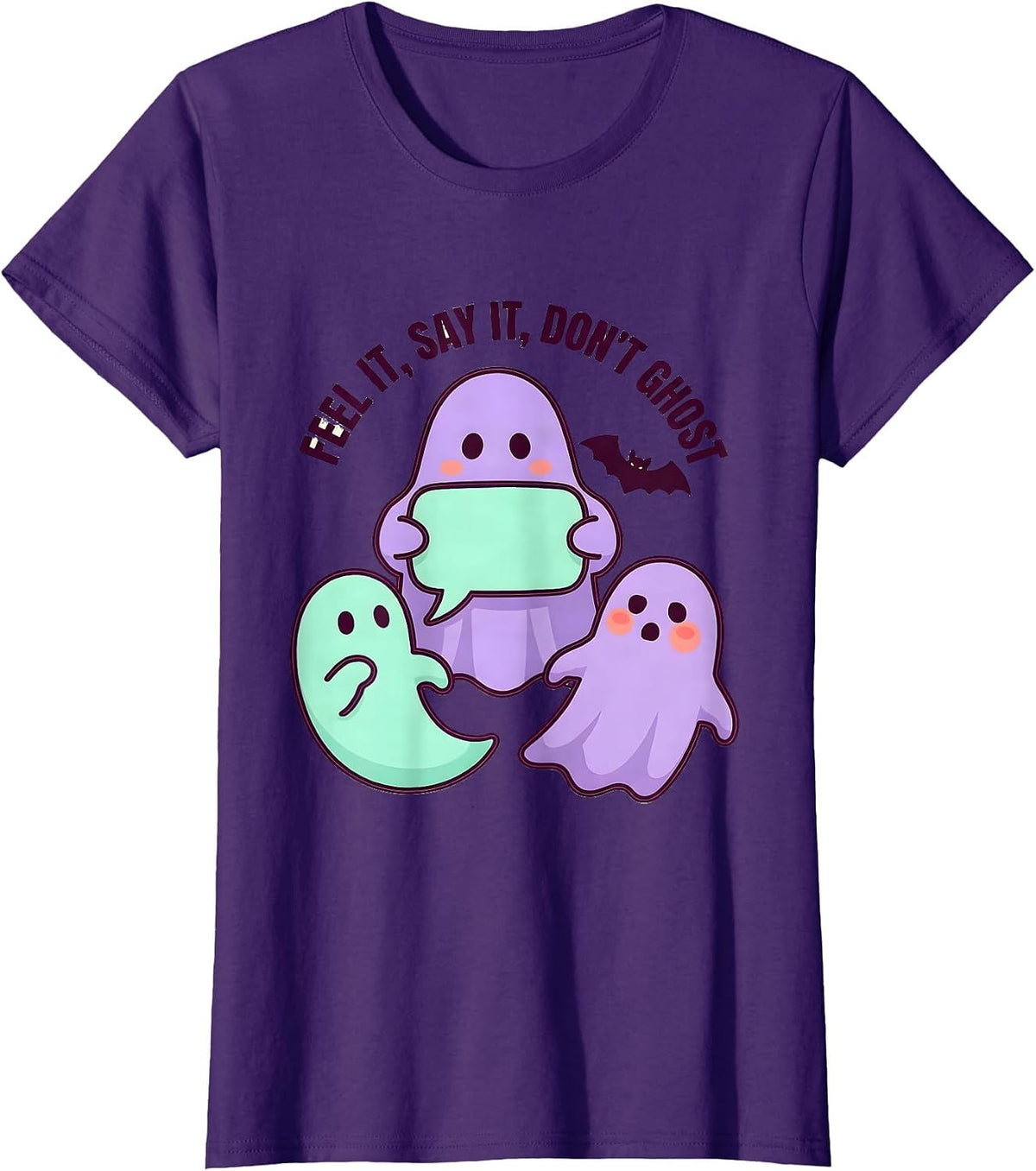 Women's Feel It, Say It, Don’t Ghost Mental Health Halloween T-Shirt - Purple