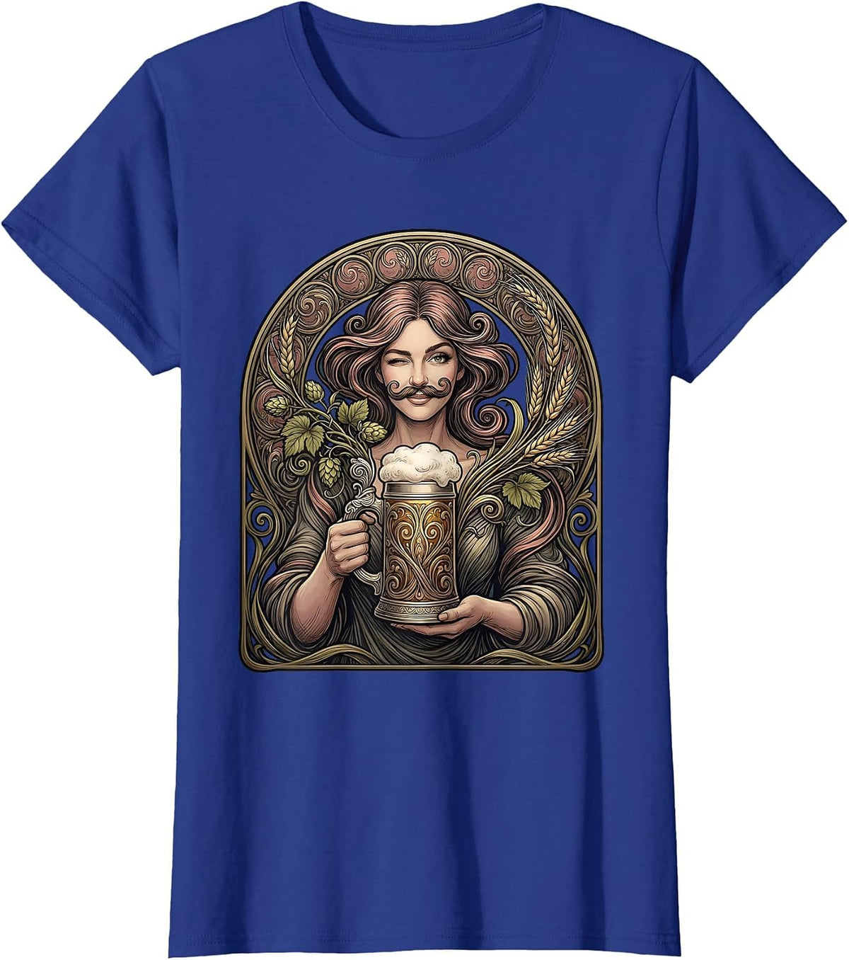 Women's Beer Foam Mustache Winking Illustration T-Shirt - Royal Blue