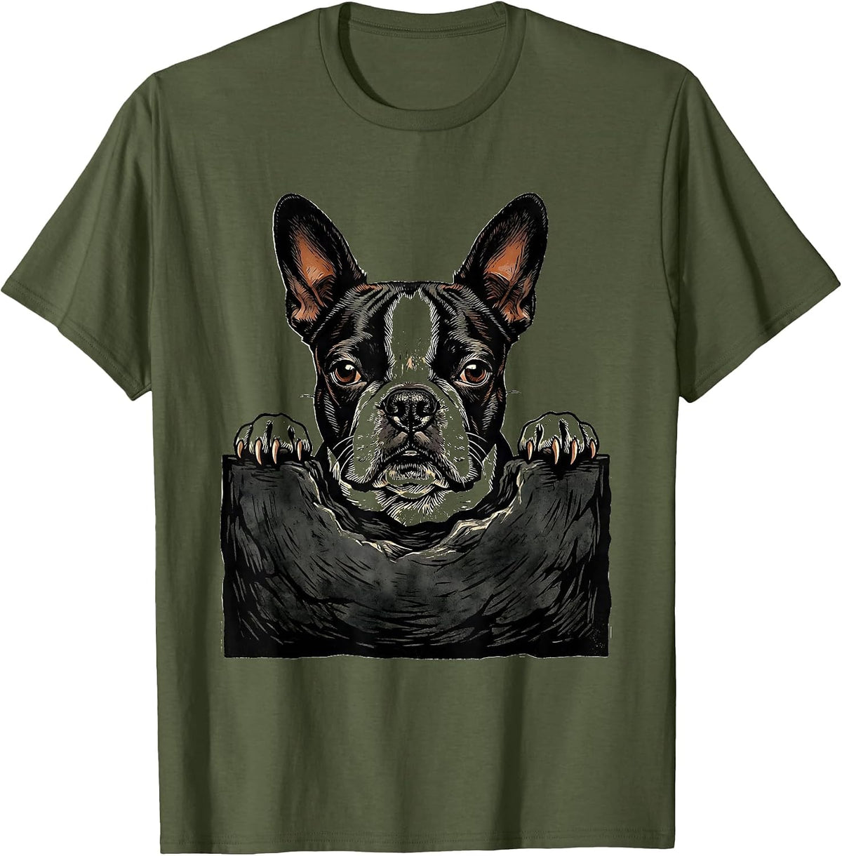 Boston Terrier Pocket Pup Cozy Small Breed Puppy Lover T-Shirt - Olive Green