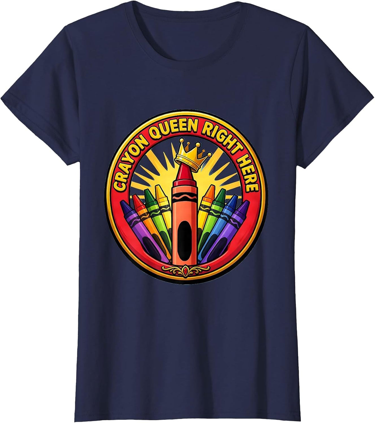 Women's Crayon Queen Here PreK Teacher Design T-Shirt - Navy Blue