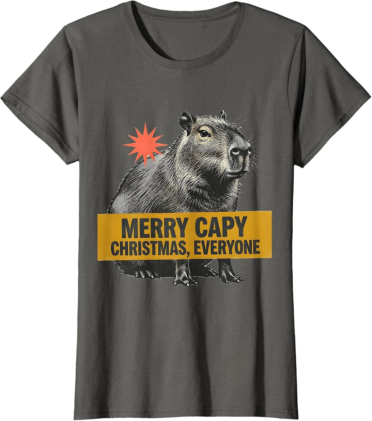 Women's Merry Capy Christmas, Everyone Midcentury Modern Capybara T-Shirt - Asphalt Grey