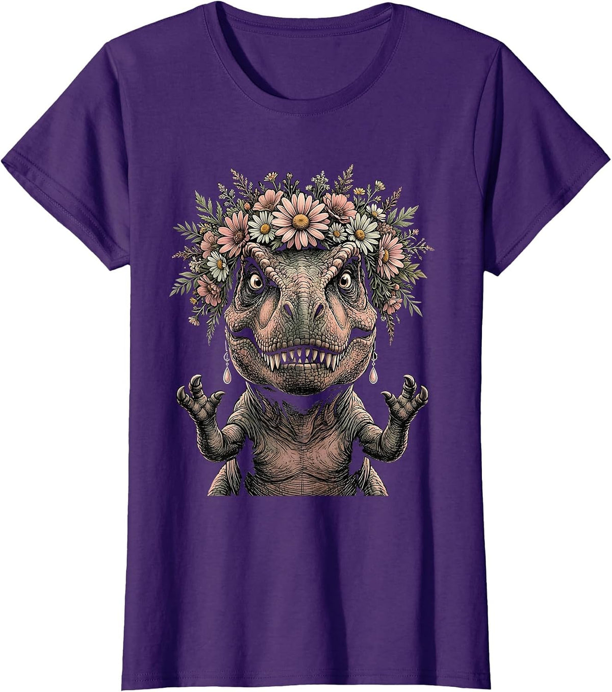 Women's Dinosaur Flower Crown and Earrings Funny Dino T-Shirt - Purple