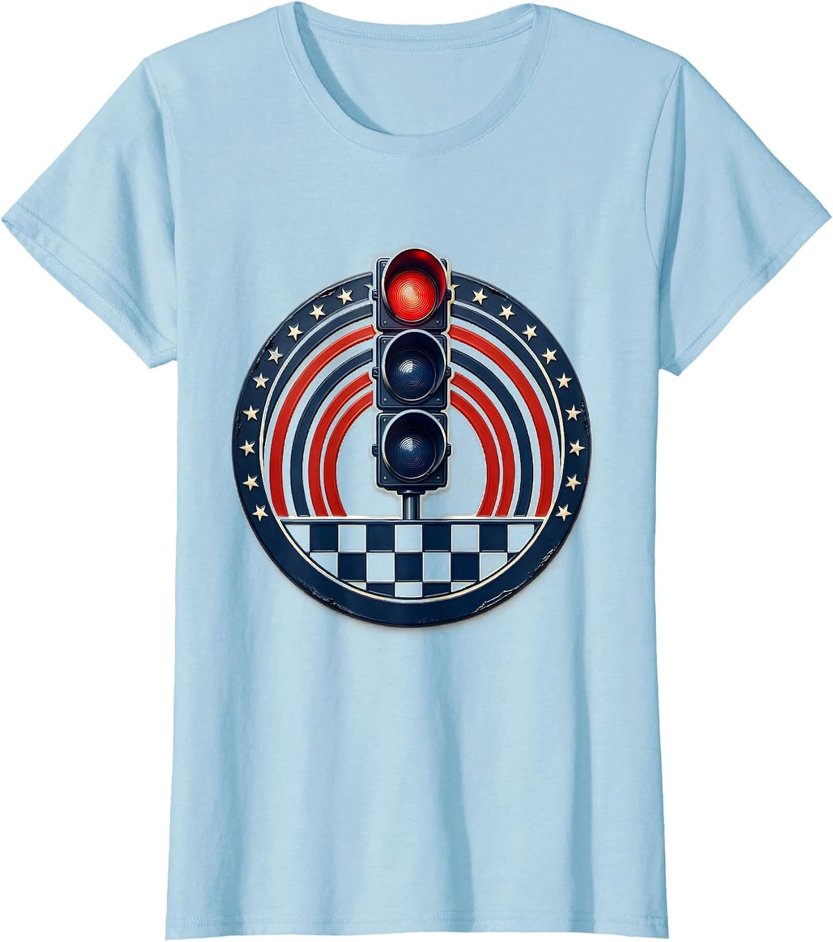 Sealed Badge Tall Tree Checkered Flag Drag Racing Pride T-Shirt - Baby Blue