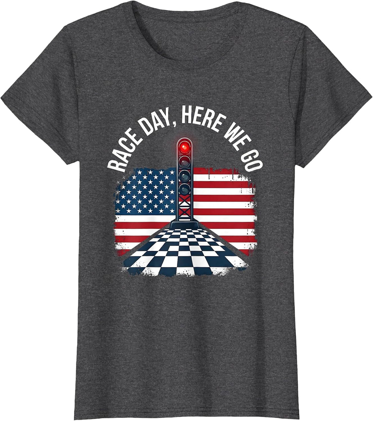 Women's Race Day Here We Go Patriotic Checkered Flag Drag Racing Fan T-Shirt - Dark Heather Grey