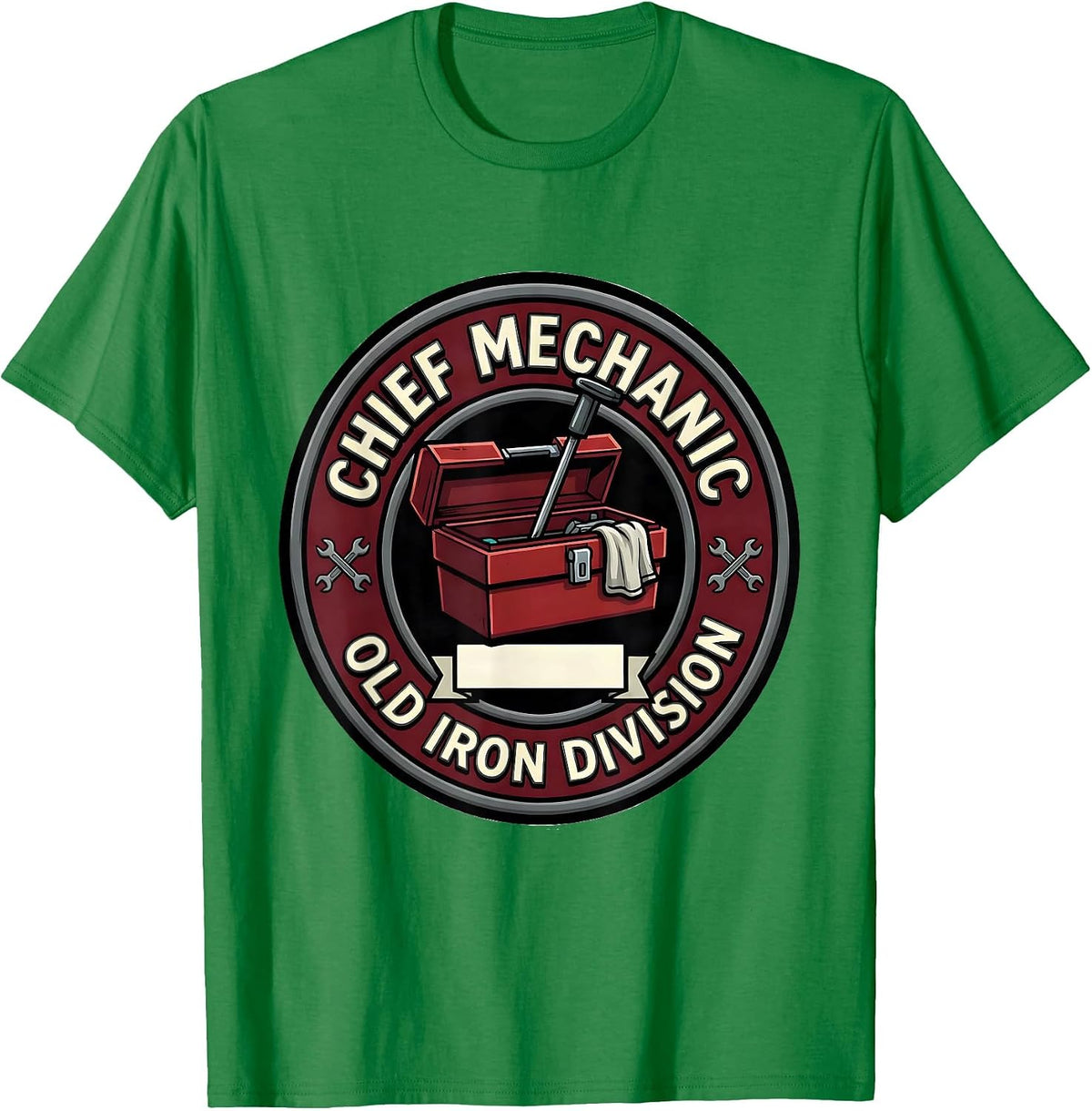 Men's Chief Mechanic Old Iron Division Cartoon Classic Car T-Shirt - Kelly Green