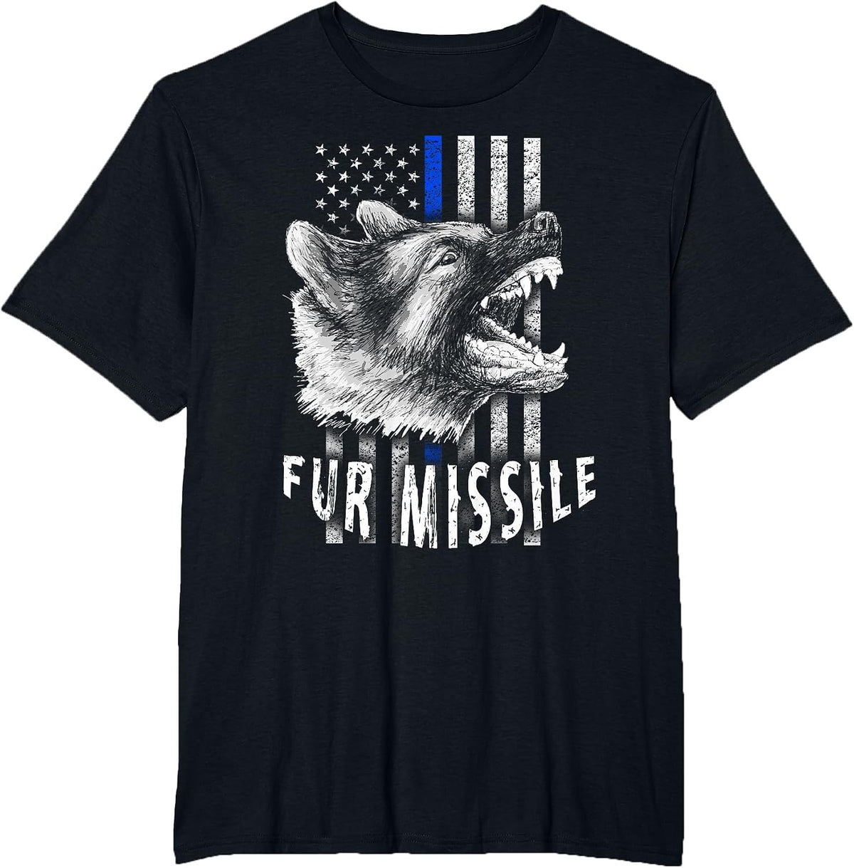 Fur Missile K-9 T-Shirt Vertical Thin Blue Line Flag T-Shirt - Black